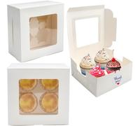 LHNNDM 20 Pcs Cupcake Boxes 4 Hole with Window and stickers, Cupcake Carrier Bakery Pastry Boxes Cookie Treat Muffins Boxes Carrier for Home Baker Birthday (White 4 Hole)