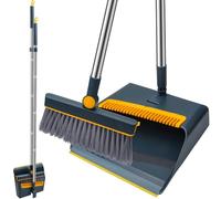 LHNNDM Long Handled Dustpan and Brush Set, Broom and Dustpan with Comb Teeth, 180 Degree Rotating Sweeping Brush, Ideal for Indoor Outdoor Home Kitchen Office & Pet Hair Cleanup (Blue)