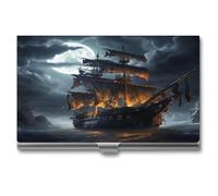 LHOKDR Business Card Holder,Metal Case Pocket,Holder for Women & Men,Credit Card Case Pirate Sailboat Full Moon Print Card Case for Business Cards