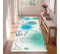 LHOMKCV Beach Coastal Runner Rug for Hallway, 100x200cm, Starfish Jellyfish Fish Plant Pattern Blue Green Beach Carpet, Non Slip Durable Breathable Floor Mat for Kitchen Bedroom