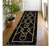 LHOMKCV Black Rug Runners for Hallway, 60x180cm, Golden Geometry Washable Rugs for Porch, Luxurious Marble Texture Throw Carpet, Low Pile Thin Accent Carpet with Non-slip Backing for Corridor