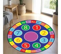 LHOMKCV Blue Round Number & ABC Educational Rug, 60cm Machine Washable Floor Mat, Non-Slip Soft Alphabet Carpet for Bedroom, Playroom & Indoor Areas