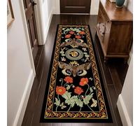 LHOMKCV Boho Moth Runners Rugs, 60x300cm, Retro Large Insect Mushrooms Red Floral Pattern Black Long Hallway Carpet, Low Pile Easy-Washing Breathable Rustic Flat Rugs for Kitchen Dining Room