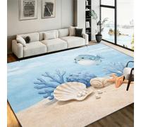 LHOMKCV Cute Ocean Kids Room Rug 60x110cm, Cartoon Pufferfish and Pearl Shell Design, Washable Non-Slip Play Mat Carpet for Nursery Bedroom Playroom