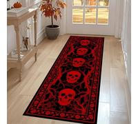 LHOMKCV Gothic Skull Runner Carpet, 80x220cm, Terror Dead Branches Skeleton Red Floral Print Black Long Hall Rug, Cozy Reduce Noise Stain Resistant Halloween Decor Floor Mat for Lounge Bedroom