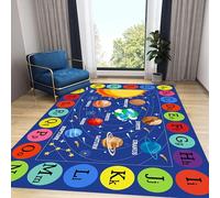 LHOMKCV Letter Planet Area Rugs, 60x90cm, Cartoon Solar System Space Meteor Boy Girl Learning Decor Carpet, Soft Short Pile Easy-Washing Game Rug for Lounge Nursery