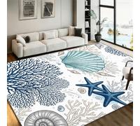 LHOMKCV Nautical Style Area Rug 60x110cm, Elegant Blue Coral and Seashell Print, Washable Non-Slip Large Carpet for Living Room Bedroom Dining Room, White/Blue