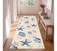 LHOMKCV Nautical Theme Runners Rug, 120x360cm, Sailboat Compass Sea Life Conch Long Hallway Rugs, Entrance Washable Low Pile Fade Resistant Runner Carpet for Playroom Dining Room