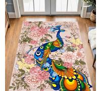 LHOMKCV Pink Floral Area Rugs, 80x150cm, Delicate Peacock Vivid Flowers Pattern Vintage Boho Neutral Rug, Soft Non Slip Machine Washable Room Decor Flat Mat for Foyer Dining Room