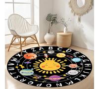 LHOMKCV Planet Theme Circular Rug, 90cm, Letters Galaxy Outer Space Educational Learning Playmat, Indoor Low Pile Sturdy Machine Washable Fun Carprt for Dining Room Bathroom