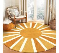LHOMKCV Retro Sun Round Rug, 180cm, Orange Cartoon Rainbow Sun Print Traditional Boho Carpet, Easy-Washing Breathable Durable Distressed Rugs for Entryway Nursery