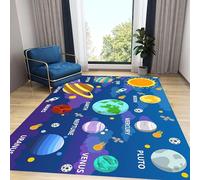LHOMKCV Solar System Area Rugs, 70x140cm, Cartoon Planets Stars Rockets Educational Space Themed Playmat, Indoor Lightweight Low Pile Foldable Kids Rug for Bedside Living Room