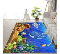 LHOMKCV Vibrant Seabed Kids Rug, 100x150cm, Fun Blue Whale Turtle Fish Treasure Play Mat, Non Slip Backing Soft Sturdy Educational Rug for Front Door Lounge