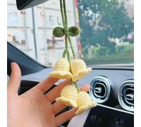 LHOUCHONS Rear View Mirror Hanging Accessories Cute Car For Porsche Cayenne,Decor Women Bellflower Hand Knitted Pendant Cotton Crochet Yarn Craft,Yellow