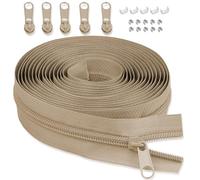 LHZHLE 5 mm endless zip with zip: 3.65 m khaki nylon zip - sold by the metre with 5 zip pulls for sewing, bed linen and pillows