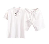 liaddkv Linen Suit Men's Short Summer Outfit Lightweight Cotton Linen Two Piece Leisure Suit 2-Piece Short Sleeve Shirt and Shorts Set Casual Suit Comfortable Breathable Beach Suit, White, XL