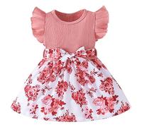 liaddkv Toddler Kids Baby Girls Summer Casual Fly Sleeve Round Neck Floral Dress Party Dress Clothes Girls Plaid (Pink, 18-24 Months)