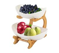 LIAIZE 2 Tier Ceramic Fruit Basket, Fruit Bowl with Bamboo Stand, Oval Set Tiered Serving Bowls 24cm