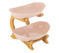 LIAIZE 2 Tier Ceramic Fruit Basket, Fruit Bowl with Bamboo Stand, Oval Set Tiered Serving Bowls 24cm (Beige)