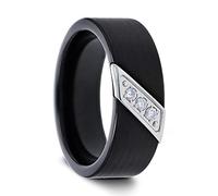Liam Flat Black Satin Finished Tungsten Carbide Wedding Band with Diagonal Diamonds Set in Stainless Steel - 8 mm (13.5)