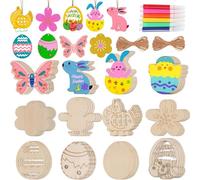 liamasum 66Pcs Easter Wood Cutouts for Crafts Unfinished Ornaments DIY with Bunny to Easter Party Decorations Decor Hanging Egg Shapes with Drawing Pen and Hang Cords