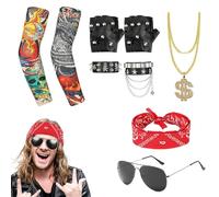 Liameph 9PCS Rockstar Fancy Dress Kids,Kids Rockstar Costume,80s Kids Rockstar Accessories for Men,Including Tattoo Sleeves,Sunglasses,Gold Chain,Bracelets,Gloves,Headband,for Punk Heavy Metal Rock