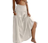 LIAMERHE Ladies Maxi Skirt 2 in 1 Elasticated High Waist Skirts Pleated Vintage Summer Long Skirts Women's Elegant A-Line Boho Holiday Beach Tiered Skirt with Pocket White