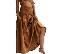 LIAMERHE Ladies Maxi Skirt 2 in 1 Elasticated High Waist Skirts Pleated Vintage Summer Long Skirts Women's Elegant A-Line Boho Holiday Beach Tiered Skirt with Pocket Orange