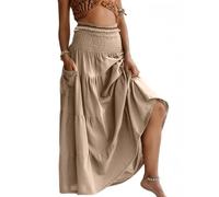 LIAMERHE Ladies Maxi Skirt 2 in 1 Elasticated High Waist Skirts Pleated Vintage Summer Long Skirts Women's Elegant A-Line Boho Holiday Beach Tiered Skirt with Pocket Khaki