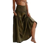 LIAMERHE Ladies Maxi Skirt 2 in 1 Elasticated High Waist Skirts Pleated Vintage Summer Long Skirts Women's Elegant A-Line Boho Holiday Beach Tiered Skirt with Pocket Army Green