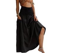 LIAMERHE Ladies Maxi Skirt 2 in 1 Elasticated High Waist Skirts Pleated Vintage Summer Long Skirts Women's Elegant A-Line Boho Holiday Beach Tiered Skirt with Pocket Black