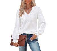 LIAMERHE Puff Long Sleeve Shirts for Women Sexy Lace V-Neck Tops Spring Casual Loose Blouses Fashion Fall Elegant Eyelet Blouse Dressy Tunic for Winter White L