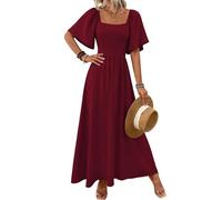 LIAMERHE Women's Summer Maxi Dress Elegant Square Neck Flutter Sleeve Long Sun Dress Boho A-Line Tea Dress High-Waisted Flowy Party Wedding Guest Dress Plain Casual Holiday Dresses Burgundy XXL