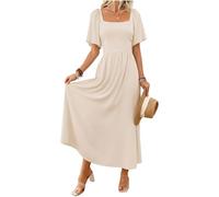 LIAMERHE Women's Summer Maxi Dress Elegant Square Neck Flutter Sleeve Long Sun Dress Boho A-Line Tea Dress High-Waisted Flowy Party Wedding Guest Dress Plain Casual Holiday Dresses Beige L