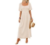 LIAMERHE Women's Summer Maxi Dress Elegant Square Neck Flutter Sleeve Long Sun Dress Boho A-Line Tea Dress High-Waisted Flowy Party Wedding Guest Dress Plain Casual Holiday Dresses Beige XXL
