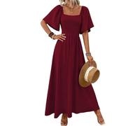 LIAMERHE Women's Summer Maxi Dress Elegant Square Neck Flutter Sleeve Long Sun Dress Boho A-Line Tea Dress High-Waisted Flowy Party Wedding Guest Dress Plain Casual Holiday Dresses Burgundy XL
