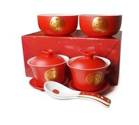 Liang baobao Chinese Tableware Tea Gift 2 Set Gaiwan Bowl Spoon Porcelain Double Happiness for Adults Men Women Couple Wedding Party (Double Happiness)