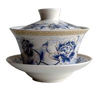 Liang baobao Traditional Gaiwan Tea Set with Lid and Saucer Handmade Ceramic Tea Cup Porcelain Teacups (200ml Blue silk peony)