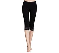 Liang Rou Women's Mini-Ribbed Ultrathin Capri Leggings Black with Lace Trim L