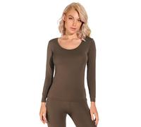 Liang Rou Women's Round Neck Ultra Thin Basic Long Sleeve Shirt Coffee Brown Large