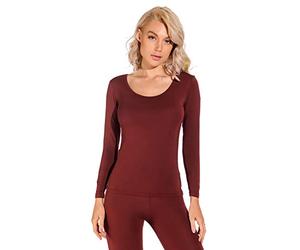Liang Rou Women's Round Neck Ultra Thin Basic Long Sleeve Shirt Dark Rosewood Medium