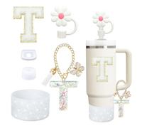 Liangang 6-Piece Cup Accessories Set for Stanley Cup 30 oz 40 oz Tumbler with Handle, Including Silicone Straw Topper Cover Cap and Boot, Spill Proof Stopper, Handle Charm, Initials Sticker (White T)