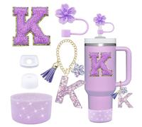 Liangang 6-Piece Cup Accessories Set for Stanley Cup 30 oz 40 oz Tumbler with Handle, Including Silicone Straw Topper Cover Cap and Boot, Spill Proof Stopper, Handle Charm, Initials Stickers (Purple K