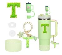 Liangang 6-Piece Cup Accessories Set for Stanley Cup 30 oz 40 oz Tumbler with Handle, Including Silicone Straw Topper Cover Cap and Boot, Spill Proof Stopper, Handle Charm, Initials Sticker (Green T)