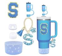 Liangang 6 Pieces Cup Accessories Set for Stanley Cup 30 oz 40 oz Tumbler with Handle, Including Silicone Straw Topper Cover Cap and Boot, Spill Proof Stopper, Handle Charm, Initials Sticker (Blue S)