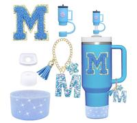 Liangang 6 Pieces Cup Accessories Set for Stanley Cup 30 oz 40 oz Tumbler with Handle, Including Silicone Straw Topper Cover Cap and Boot, Spill Proof Stopper, Handle Charm, Initials Sticker (Blue M)