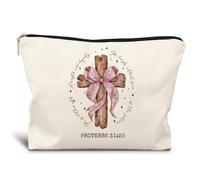 LIANGW Christian Proverbs 31 Woman Makeup Bag, Coquette Pink Bow Cross Cosmetic Bags for Women, Christian Bible Verse Gifts for Women, Preppy Aesthetic Zipper Makeup Pouch, beige