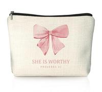 LIANGW Coquette Pink Bow Christian Makeup Bag, She Is Worthy Pink Girly Cosmetic Bags for Women, Proverbs 31 Woman Gifts, Christian Gifts for Women, Preppy Aesthetic Zipper Makeup Pouch, beige