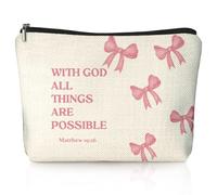 LIANGW Coquette Pink Bow Christian Makeup Bag, With God All Things Are Possible Cosmetic Bags for Women, Christian Bible Verse Gifts for Women, Preppy Aesthetic Zipper Makeup Pouch, beige