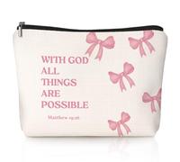 LIANGW Coquette Pink Bow Christian Makeup Bag, With God All Things Are Possible Cosmetic Bags for Women, Christian Bible Verse Gifts for Women, Preppy Aesthetic Zipper Makeup Pouch, beige